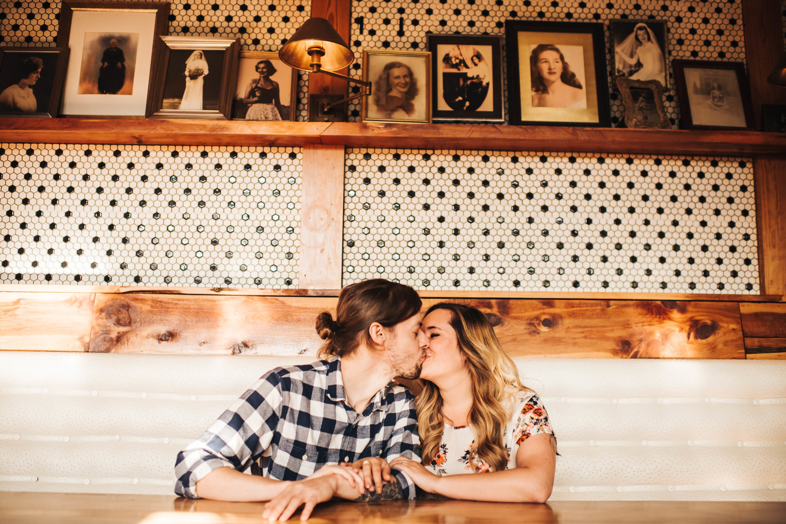 Kate + Tyler chose to do their engagement session at the local Atlanta bars they work at. It was the PERFECT vibe for them.